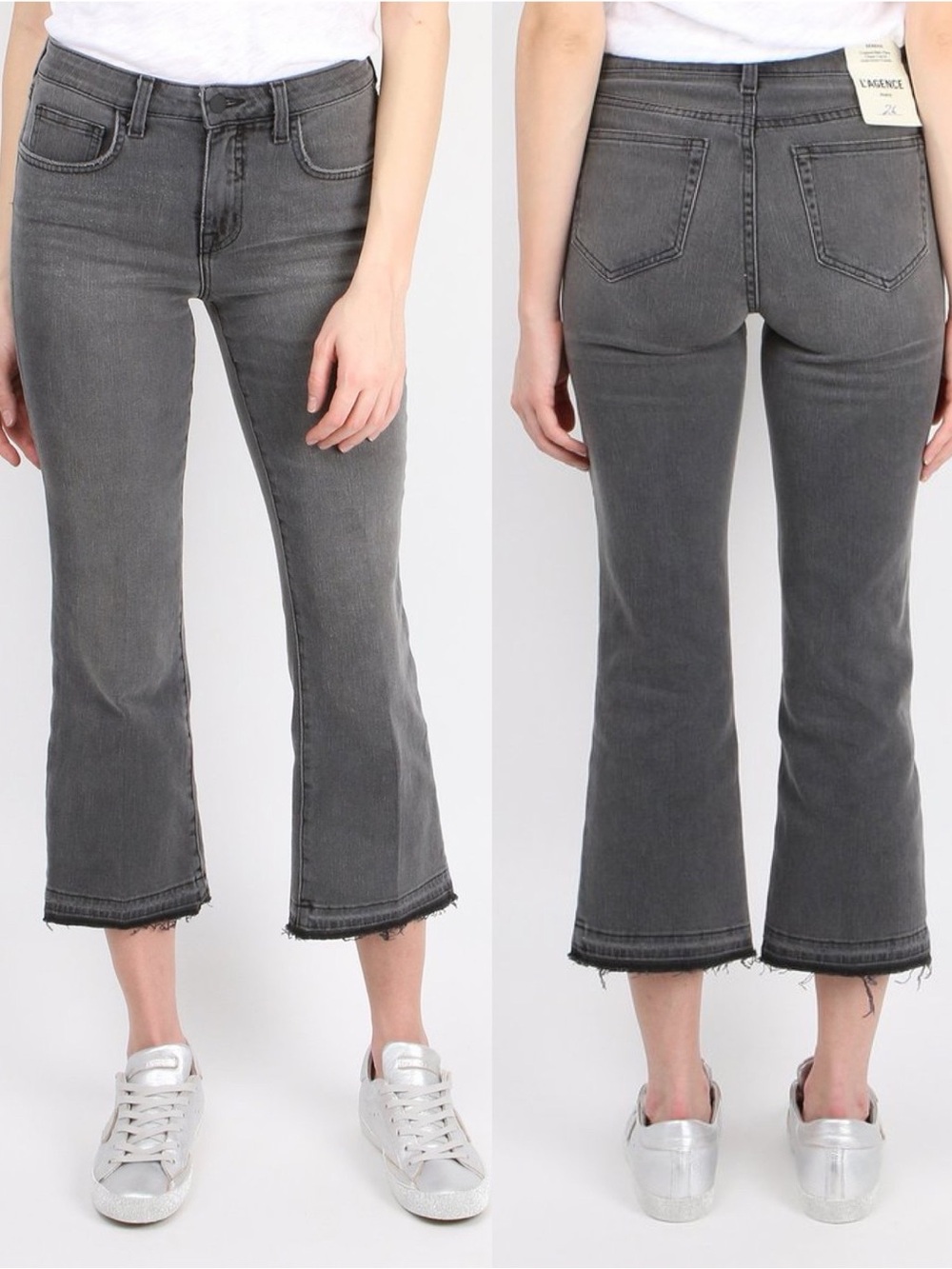 L’agence Serena Crop Baby Flare Charcoal Gray Raw Hem Jeans